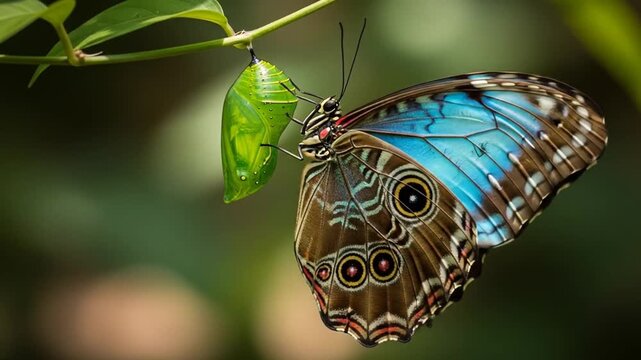 Captivating time-lapse of a Blue Morpho butterfly emerging from its chrysalis in vibrant detail