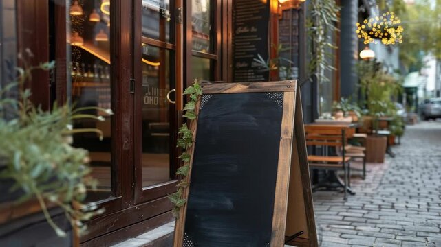 A vacant menu board sits outside a restaurant in the city street.