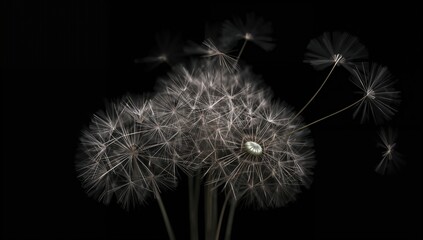 Dandelion seed heads against a black backdrop, emphasizing nature's fragility, Earth Day