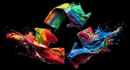 Obraz premium Vibrant rainbow colored paint splashes forming a dynamic recycling symbol against a black background