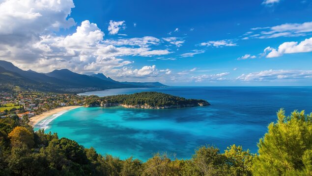 Great landscapes featuring a serene sea under a bright blue sky with trees and a village, ideal for travel exploration