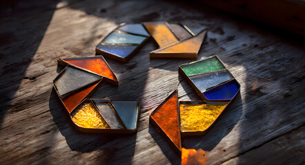 Colorful mosaic recycling symbol crafted from stained glass shards on weathered wood