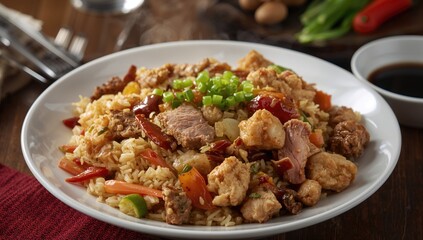 Fototapeta premium Pork Fried Rice Dish, protein-rich meal