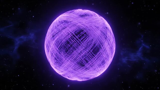 Abstract purple glowing sphere composed of interwoven lines rotating in space. Luminous cosmic object floating in a starfield with nebulae