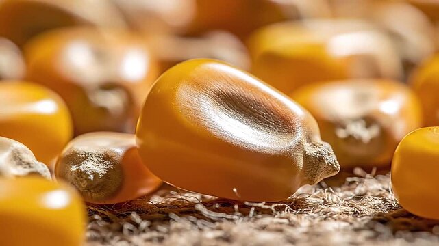 Close-up of a single corn kernel, bright yellow, macro detail, natural.