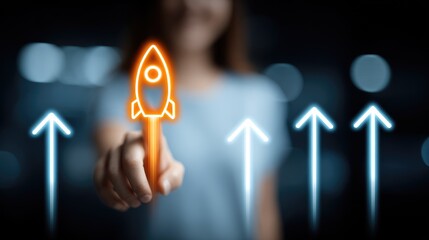 Young entrepreneur launching new startup with rocket concept upward arrows in dark office background businesswoman touching future potential