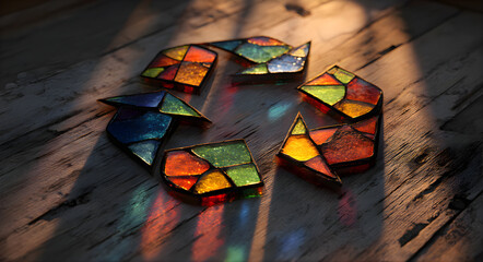 Colorful stained glass art forms a recycling symbol casting vibrant light reflections
