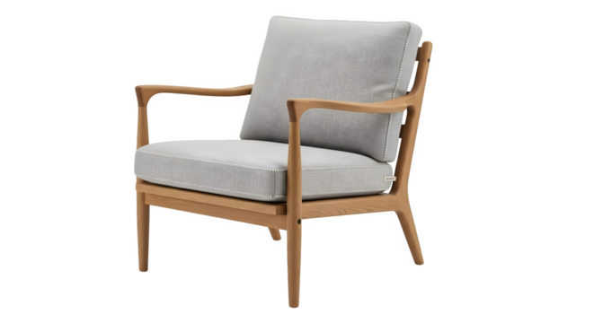 Modern wooden armchair with patterned cushions isolated on transparent background - Powered by Adobe