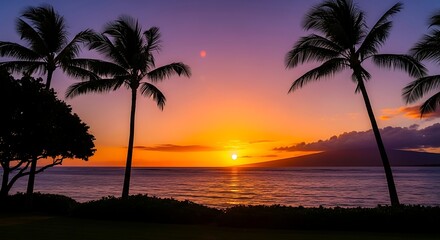 Obraz premium Tropical Sunset Paradise - Palm Trees Silhouetted Against Vibrant Sky.