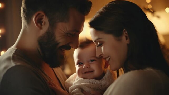 A loving couple with a baby, sharing joy and warmth in a festive setting.