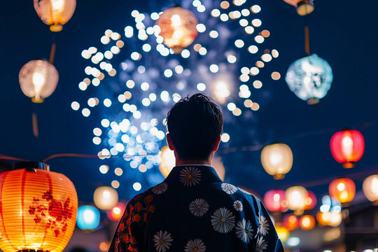 Traditional Kimono Admiring New Year Christmas Fireworks Festival Celebration with Lanterns at Night Generative AI