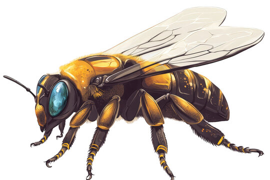 Illustration of a carpenter bee isolated on transparent background, showcasing its robust body, iridescent blue eyes, and intricate wing structure in a detailed depiction