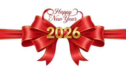 Red ribbon bow with 2026 text isolated on transparent background