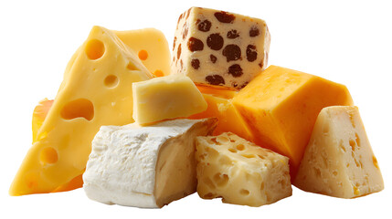 Assortment of delicious cheeses including swiss emmental and cheddar isolated on transparent background