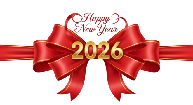 Red ribbon bow with 2026 text isolated on transparent background