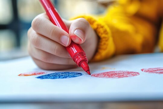 Close-up of a child's hand drawing colorful circles on paper with a red marker, showing creativity and focus, wearing a yellow sweater sleeve - Powered by Adobe