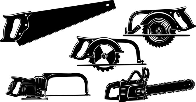 Vector illustration of various saws, high contrast, black and white, sharp lines, industrial design, simple background.

