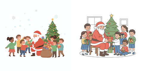 Vector Illustration of Cozy Christmas Celebration Scene — Family, Santa Claus, and Winter Decorations in Minimalist