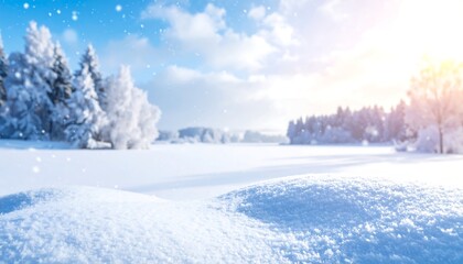Obraz premium Snowy landscape white field with distant trees under a blue sky with fluffy clouds and sun shining in the top right
