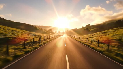 Mountainous Sunrise Landscape with Serene Road, Rustic Fence, and Open Field Perfectly Capturing the Concept of New Beginnings and Symbolizing Bright Opportunities on the Horizon.
