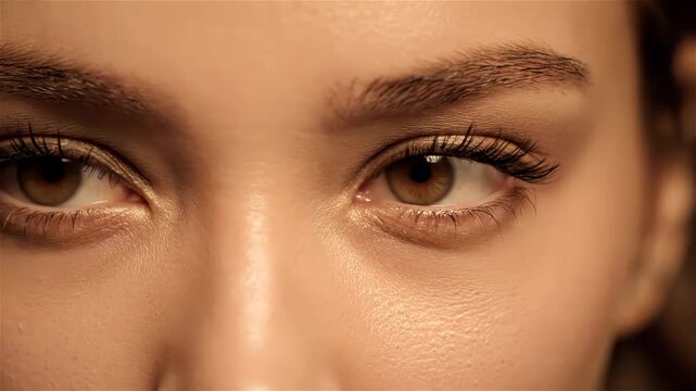 Extreme close up of a young woman's brown eyes with makeup. A female model with perfect skin, eyebrows and long eyelashes is looking around