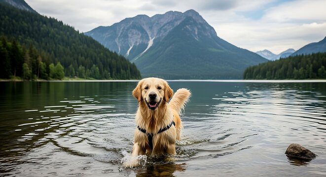 Happy Golden Retriever dog enjoys a refreshing swim in a scenic mountain lake. - Powered by Adobe
