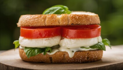 Homemade caprese sandwich featuring tomato, mozzarella, and basil, protein-rich meal