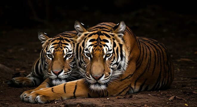 Two beautiful bengal tigers lying in their natural habitat gazing ahead