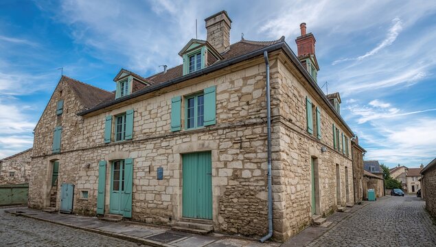 Charming old stone cottage featuring faded green window shutters and worn walls along a cobblestone lane beneath a bright blue sky. - Powered by Adobe