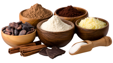 Assortment of cocoa products and spices in wooden bowls isolated on transparent background