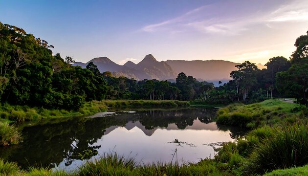 Serene dusk scene showing a tranquil lake reflecting the silhouetted mountains, lush trees, and grassy banks. Soft light bathes the landscape
