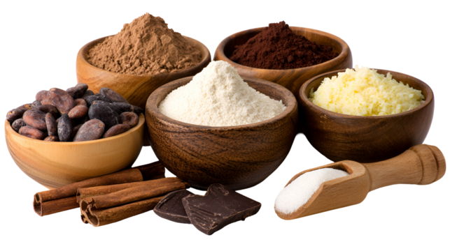 Assortment of cocoa products and spices in wooden bowls isolated on transparent background