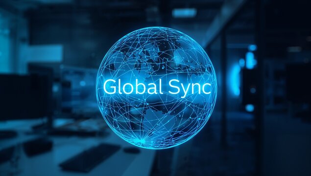 Achieve global sync with this modern blue world network, perfect for illustrating international business collaboration and advanced data transfer concepts