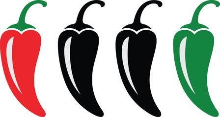 Four stylized peppers in different colors pepper, red, black, green, vegetable, food, spicy, hot, chili, illustration, design, art, graphic, isolated, white, background, plant, cooking, ingredient,