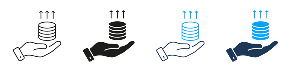 Hand Holding Coins With Upward Arrows Line And Solid Icon Set. Financial Growth, Investment, And Wealth Increase Symbol Collection. Economic Prosperity And Success. Isolated Vector Illustration