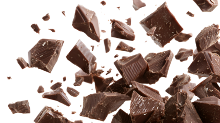 Delicious milk chocolate chunks and pieces exploding and falling isolated on transparent background