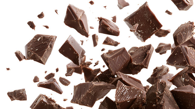 Delicious milk chocolate chunks and pieces exploding and falling isolated on transparent background