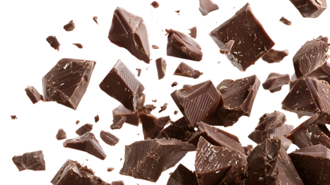 Delicious milk chocolate chunks and pieces exploding and falling isolated on transparent background