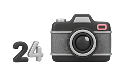 3D Render of Retro Camera with 24 Hour Symbol.