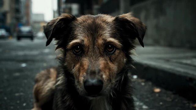 Close up photograph of a dejected stray dog with damp fur, perched on a city sidewalk. The forsaken mutt gazes directly at the lens