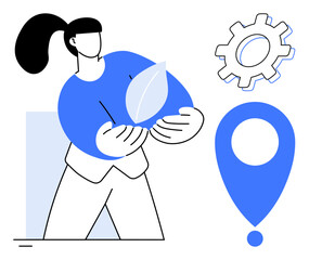 Person holding a leaf represents eco-awareness, accompanied by a gear for innovation and a location marker for global focus. Ideal for environment, technology, sustainability, ecology, navigation