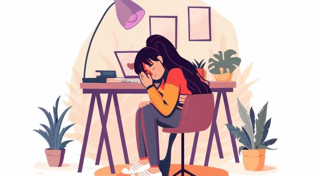 A woman is sitting at a desk with a laptop and a potted plant. She is looking at the laptop and she is in pain