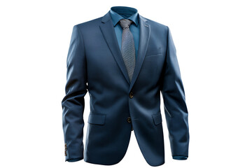 Elegant navy blue suit with a patterned tie on a mannequin isolated on transparent background