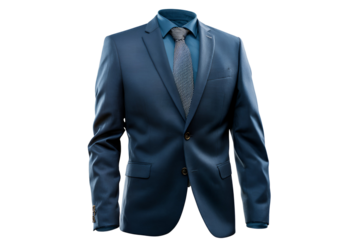 Elegant navy blue suit with a patterned tie on a mannequin isolated on transparent background