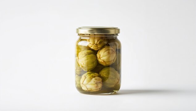 Canned artichokes in glass jar on white background, fiber-dense choice
