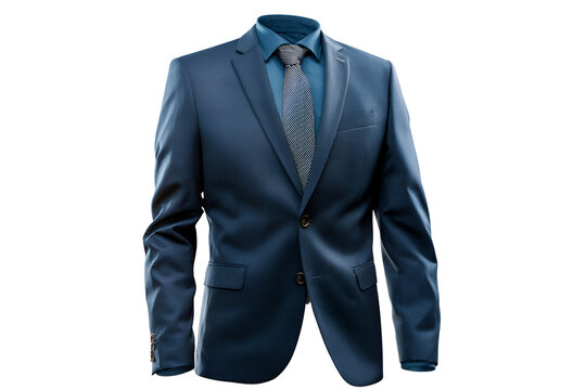 Elegant navy blue suit with a patterned tie on a mannequin isolated on transparent background