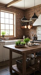 Rustic Farmhouse Kitchen Interior with Exposed Brick Walls and Wooden Island.