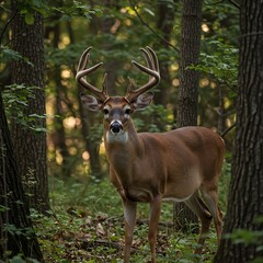 Obraz premium Majestic Buck Deer Standing Proudly in a Lush Green Forest.