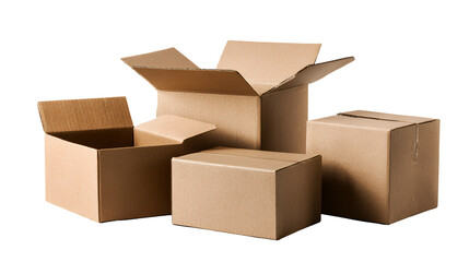 A group of cardboard boxes of various sizes on a transparent background isolated on transparent background