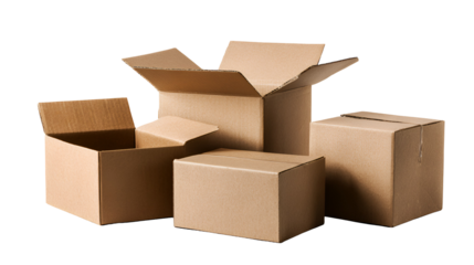 A group of cardboard boxes of various sizes on a transparent background isolated on transparent background